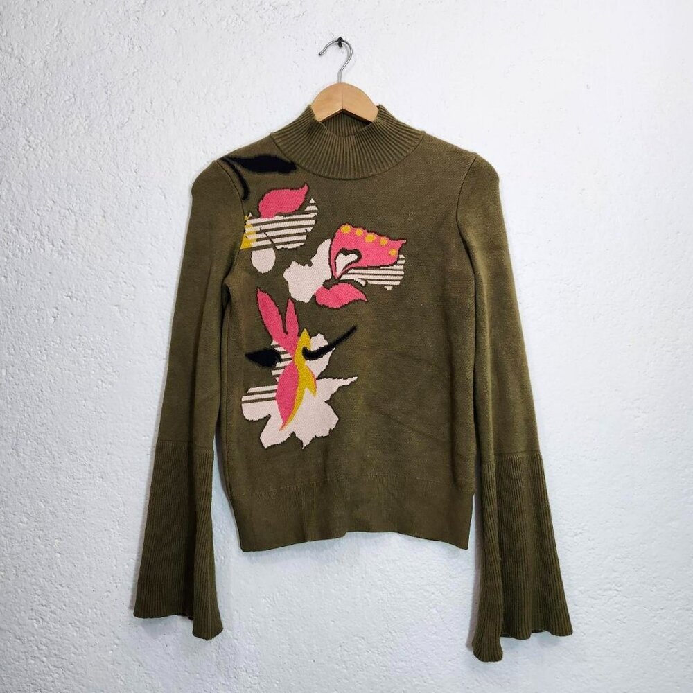 Anthropologie Knitted & Knotted Mock Neck Abstract Floral Bell Sleeve Sweater